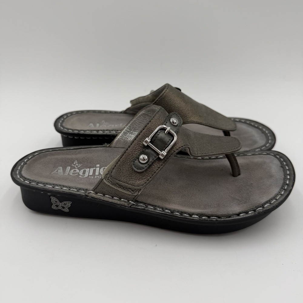 Algeria Vanessa Gray Leather Buckle Flip Flop Sandals Womens Size 7/7.5 EU 37